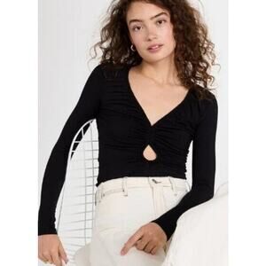 FRAME Black Peek-a-boo Ruched Cut-Out Long Sleeve Blouse V-neck Women's Medium